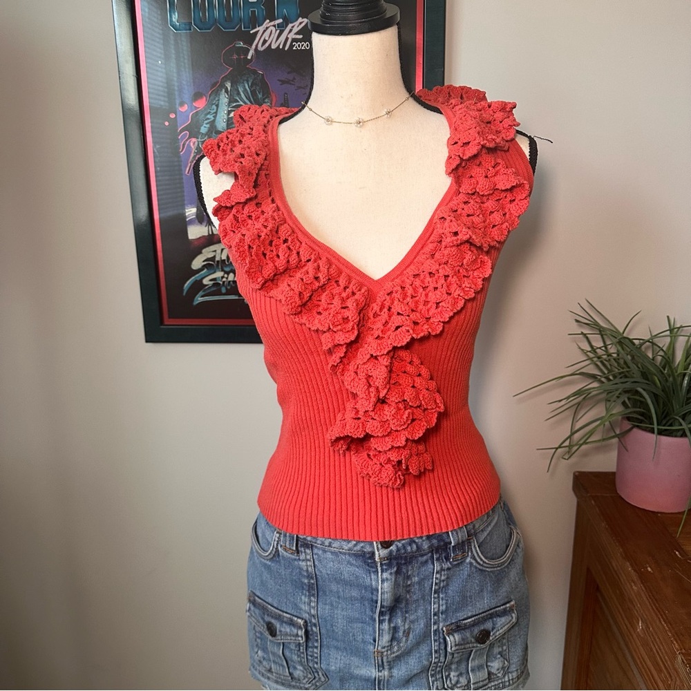Trina Turk Coral Ribbed Knit Top with V-Neck Ruffle